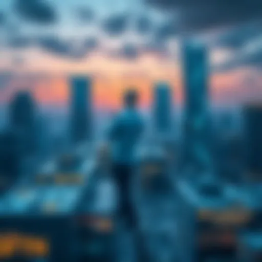 A futuristic cityscape representing blockchain technology