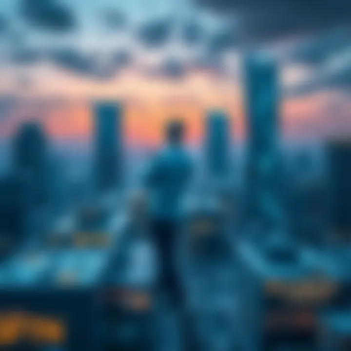 A futuristic cityscape representing blockchain technology